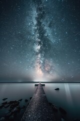 Wall Mural - A bridge over a body of water with a starry sky in the background. The bridge is illuminated by the stars, creating a serene and peaceful atmosphere