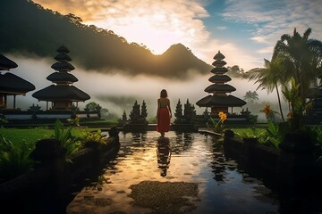 Wall Mural - Ancient pura ulun danu bratan, besakih or famous hindu temple and tourist in bali island at sunrise