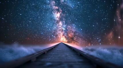 Canvas Print - a bridge over a body of water with a starry sky in the background. the bridge is illuminated by the 