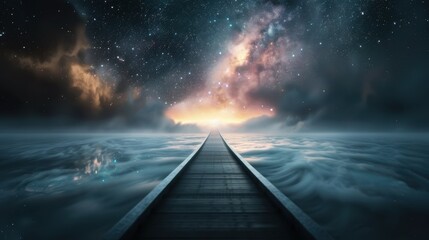 Canvas Print - a bridge over a body of water with a starry sky in the background. the bridge is illuminated by the 