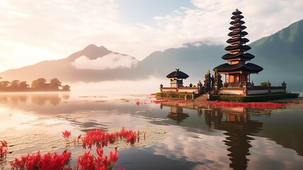 Wall Mural - Ancient pura ulun danu bratan, besakih or famous hindu temple and tourist in bali island at sunrise