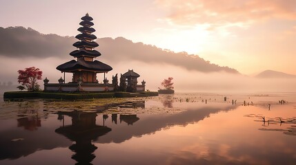 Wall Mural - Ancient pura ulun danu bratan, besakih or famous hindu temple and tourist in bali island at sunrise