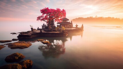 Wall Mural - Ancient pura ulun danu bratan, besakih or famous hindu temple and tourist in bali island at sunrise