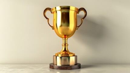 Shiny gold trophy cup with ornate handles on a wooden base, awarded for excellence and achievement, placed against a neutral background.