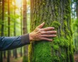 © Caitlin - A worn male hand gently touches a moss-covered ancient tree trunk in a vibrant green forest, symbolizing harmony with nature and environmental conservation.