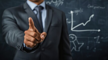 Wall Mural - A man in a suit is pointing at a chart on a wall. The chart has a lot of numbers and graphs, and the man is giving a thumbs up. Concept of importance and confidence