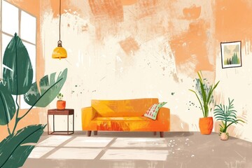 Poster - Cute living room illustration architecture furniture painting.