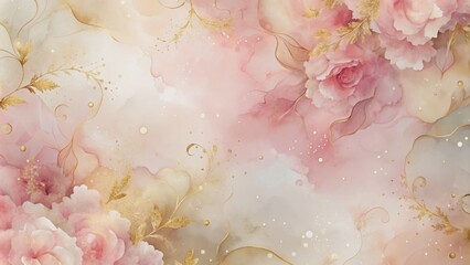 Wall Mural - Softly blended watercolor hues of blush pink, ivory, and gold create a romantic abstract background perfect for wedding stationery, invitations, and decorations.