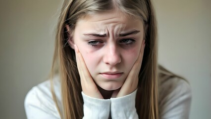 Profile of young teen girl with emotional pain, intense feeling of distress, sad or suffering, hurt deeply from heartbreak, loss or trauma, in trouble relationship or illness