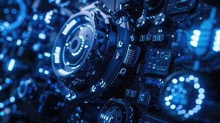 Poster - Futuristic blue illuminated tech gears and circuitry.