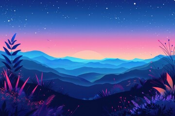 Wall Mural - A beautiful mountain range with a purple sky and a sun setting in the background