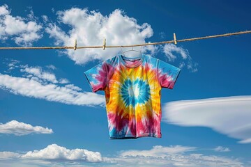 Vibrant Tie-Dye T-Shirt on Clothesline with Blue Sky and Clouds in Background