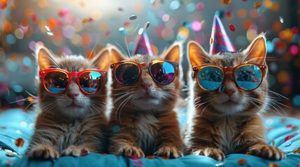 Festive Fun with Chipmunks: Happy Birthday, New Year's Eve, or Sylvester Celebration with Party Hats, Sunglasses, and Confetti on Blue Background