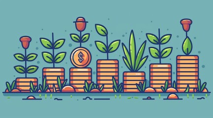 pile of coins and young plants on the coins thin outline icon collection set, illustration, vector, 