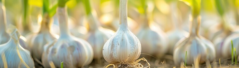 Canvas Print - A bunch of garlic bulbs are displayed in a bunch. The bulbs are pink and white. The bulbs are arranged in a way that they are all facing the same direction