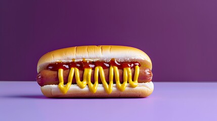 Wall Mural - Hot dog with yellow mustard and red ketchup purple background