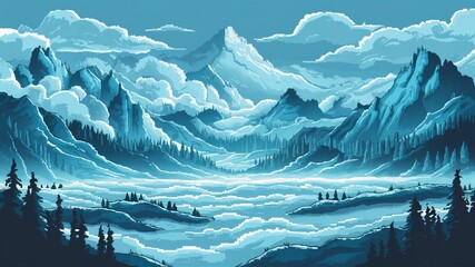 Scenery of forests, valleys and fog in 8-bit pixel art style.