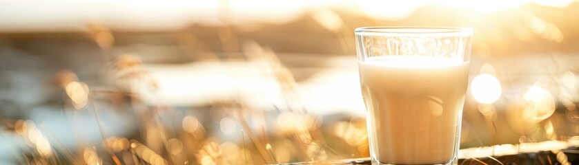 Wall Mural - A glass of milk is on a windowsill next to some dried wheat. The scene is peaceful and calming, with the sunlight shining through the window and casting a warm glow on the milk and wheat