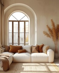 Wall Mural - Minimal modern living room decor with a stylish corner sofa and brown pillow near pampas grass on pot, a large arch window on soft beige walls