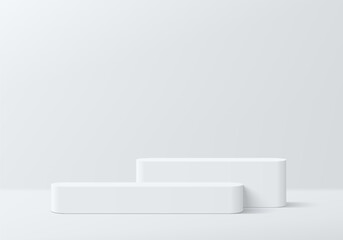 3D white round steps podium pedestal group background in white clean luxury wall scene. Minimal empty mockup abstract product display presentation, Stage showcase. Platforms vector geometric design.