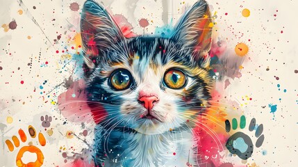 Wall Mural - Watercolor Cat Portrait with Paw Prints.