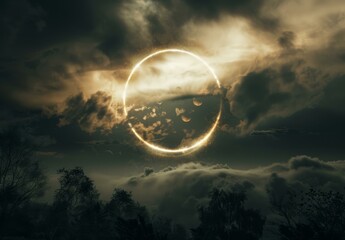 Wall Mural - a circle of light in the sky with clouds and trees. ai.