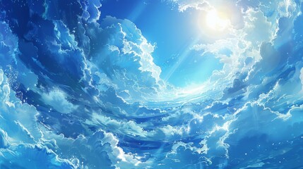 Wall Mural - a blue sky with clouds and sun shining through. ai.