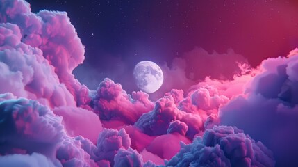 Wall Mural - a full moon is seen in the clouds above a pink and purple sky. ai.