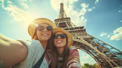 Two happy tourists take a selfie in front of the Eiffel Tower, capturing their summer vacation in Paris. Travel ideas and style tips