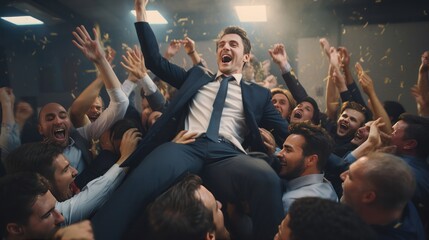 Wall Mural - Photograph of a businessman celebrating a successful deal with his colleagues, confetti raining down on them