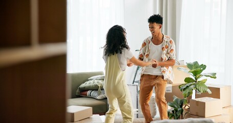 Canvas Print - Happy couple, excited and moving house with boxes, new home and milestone in bonding together. Woman, man and lounge in apartment with marriage, support and progress for pride, love and relationship