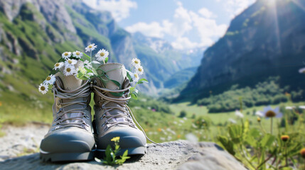 A close-up of hiking boots filled with wildflowers against a scenic mountain backdrop, symbolizing adventure and nature