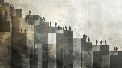 Poster - Silhouettes of People Ascending a Stairway of Blocks - This abstract image depicts a group of people, symbolized as silhouettes, climbing a staircase composed of stacked blocks. The concept of progres