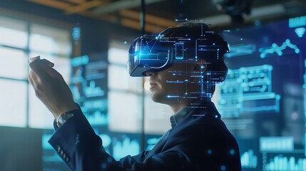 Poster - Businessman in Virtual Reality VR for Metaverse digital Data cyber world technology game futuristic lifestyle.