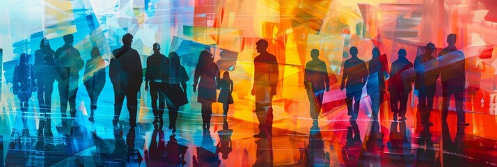 Canvas Print - Silhouettes of People Walking Through Vibrant Colors - A group of people walk in silhouette through a blurred background of bright, abstract colors, symbolizing movement, diversity, community, energy,