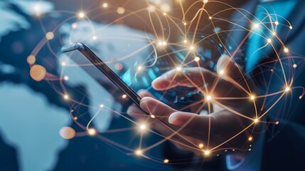 Poster - Businessman holding smart phone with Hologram Global Network for Technology Concept internet connection communication connectivity around the modern world.