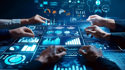 Poster - Businessman with Digital screen Data Analysis for Concept Business teamwork analyzing financial charts Futuristic business Development Technology.