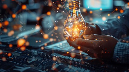 Poster - Man holding creative light bulb with Network Connection for Innovative business Concept new ideas solution analysis development strategy modern network marketing.