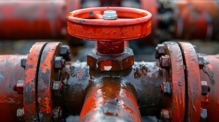 Wall Mural - Red valve on a water pipe close up on a orage background