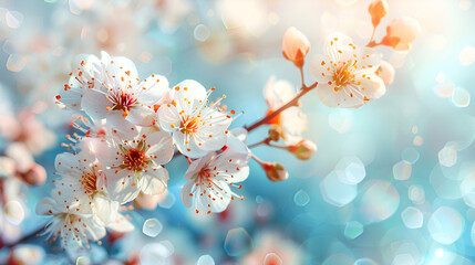 Beautiful floral spring abstract background of nature. Branches of blossoming apricot macro with soft focus on gentle light blue sky background. For easter and spring greeting cards with co