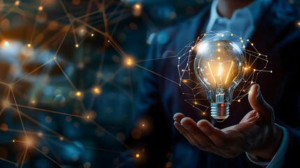 Poster - Businessman Holding Glowing Light Bulb with for Digital Innovation Technology Concept or Futuristic Modern Bright Idea Creativity.