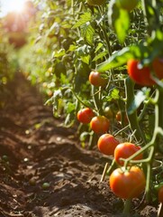 Canvas Print - Ripe Tomatoes Growing in a Sunny Garden - A close-up view of red ripe tomatoes growing on a vine in a sunny garden, symbolizing freshness, abundance, nature, agriculture, and healthy eating. - A close