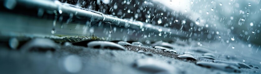 Poster - A rain-soaked sidewalk with water dripping from a metal railing. The water droplets are small and scattered, creating a sense of movement and energy. The scene evokes a feeling of freshness