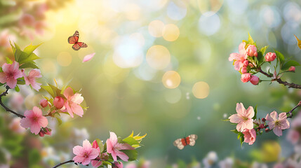 Fresh natural green spring background with border of blossoming sakura branches and fluttering butterflies. Pink cherry flowers on blurred background with beautiful bokeh outdoors in natu