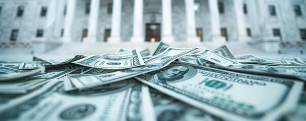 Close-up of a pile of U.S. dollar bills in front of a building with large columns, representing finance, economy, and government.