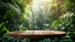 © Mumtaj - Table top wood counter floor podium in nature outdoors tropical forest garden blurred green jungle plant background.natural product present placement pedestal stand display,spring or summ