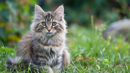 Wall Mural - Siberian kitten sitting in grass in the garden