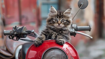 Wall Mural - Siberian kitten sitting on a red motorcycle