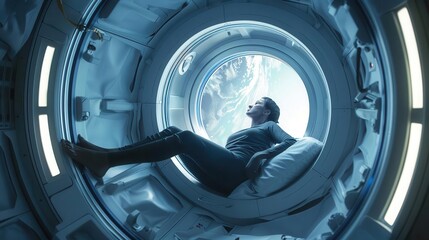 Wall Mural - A contemplative astronaut gazes out of a futuristic spacecraft window, immersed in thoughts of space and exploration.