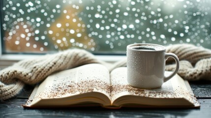 Wall Mural - A book is open on a table with a cup of coffee next to it